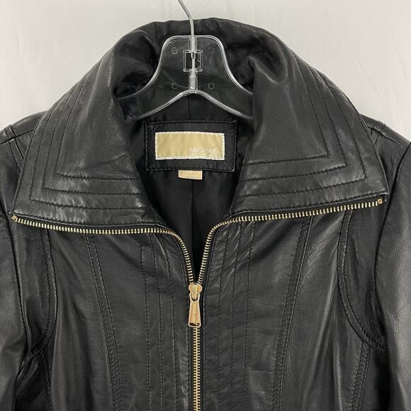 Michael Kors Womens Black Leather Jacket Size XS Classic Zip Up Party Evening - Picture 2 of 14